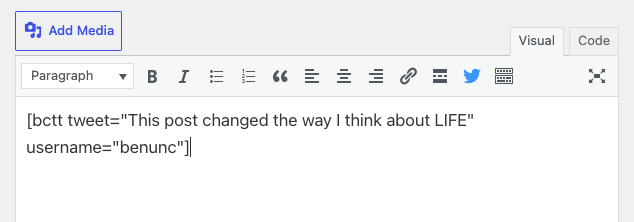 The same shareable quote in the classic editor: use the shortcode or the toolbar button for click-to-share boxes.