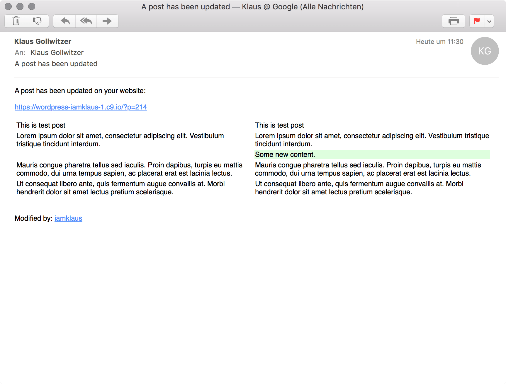 Email showing the diff of an updated post.