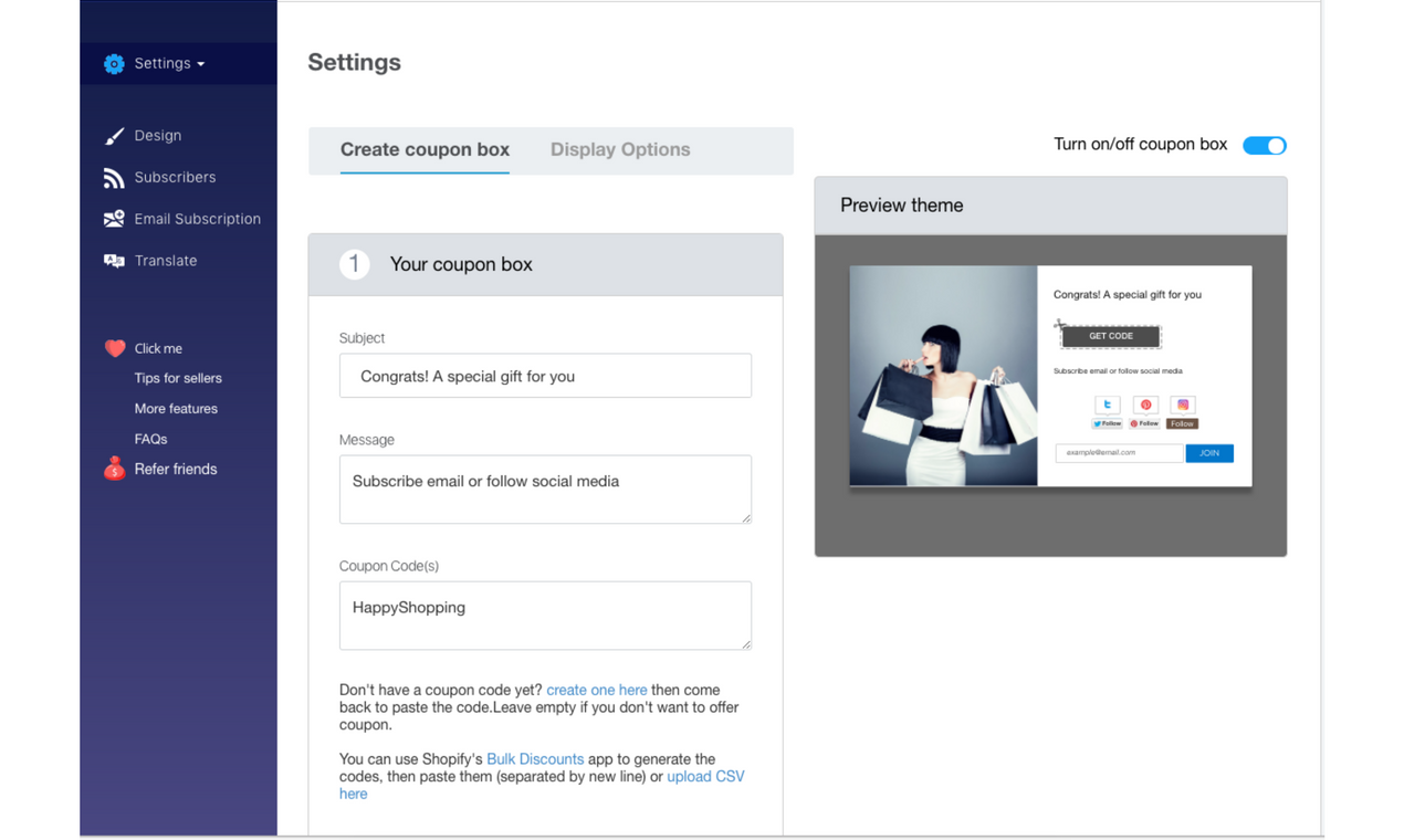 Better Coupon Box editor dashboard