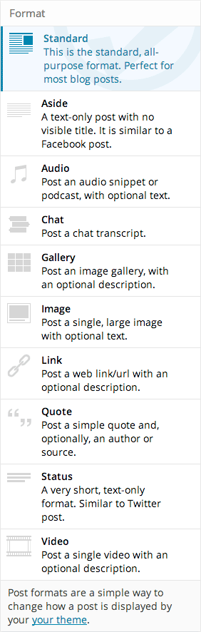 **Friendly Sidebar** - With gorgeous (Retina-friendly) icons and helpful descriptions, you can finally make the most out of WordPress's post formats.