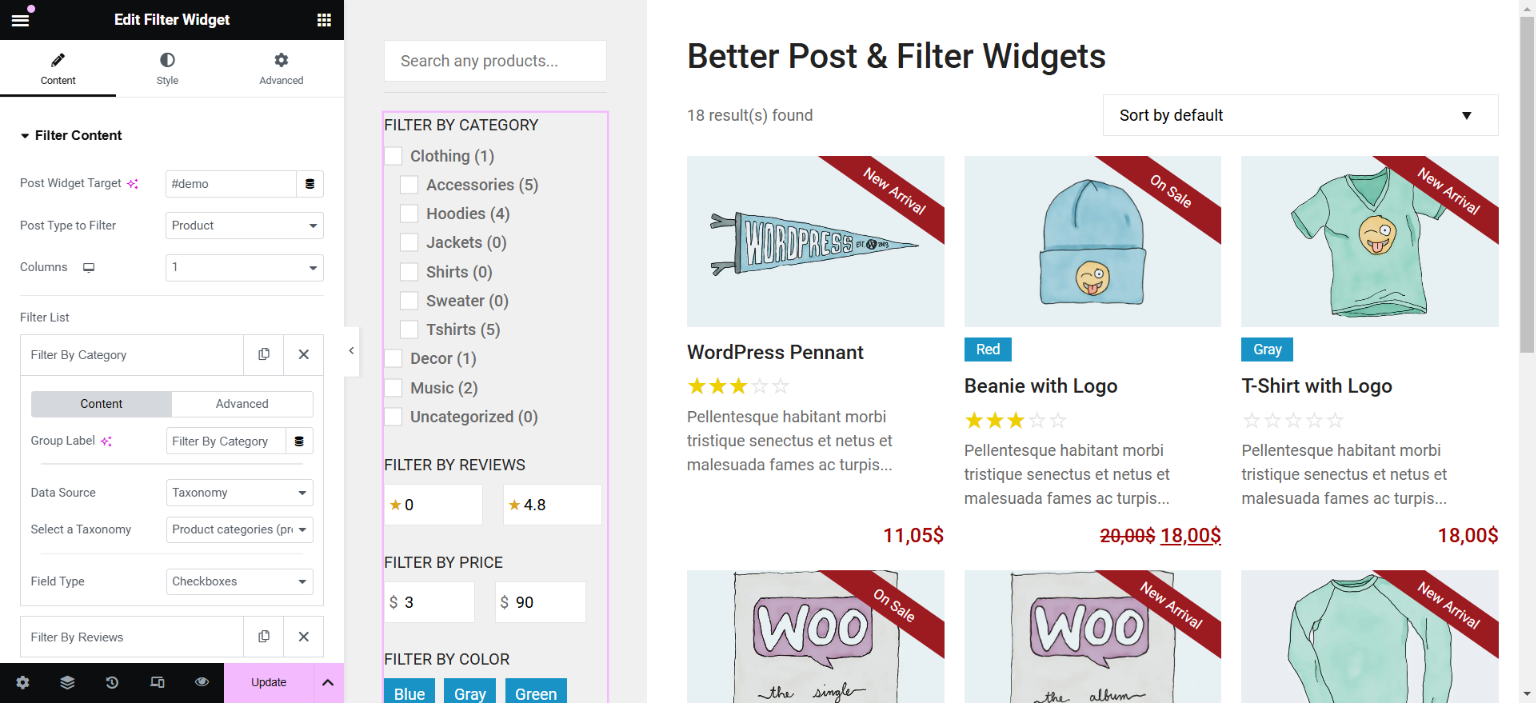 Backend view of the Elementor edit screen, showing the filter widget options.