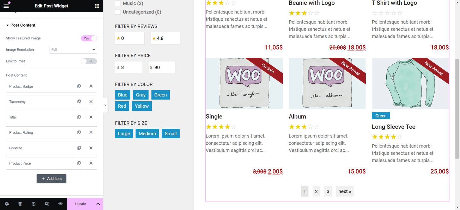 Backend view of the Elementor edit screen, showing the post widget options.