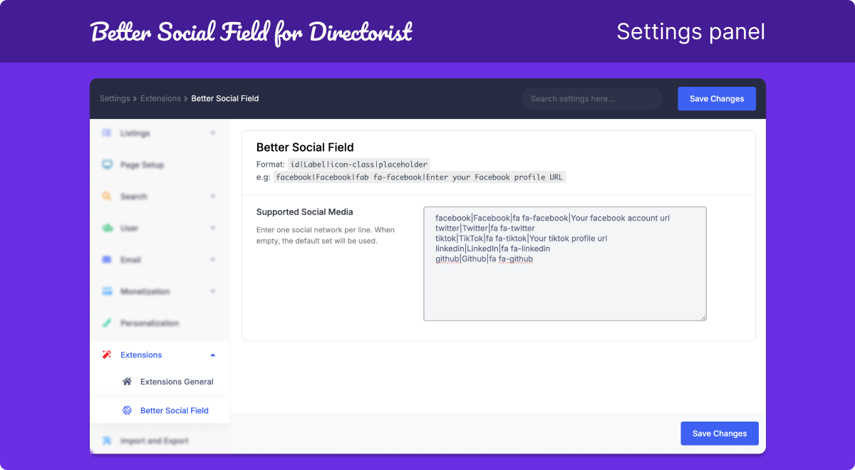 Settings panel — Better social field for directorist