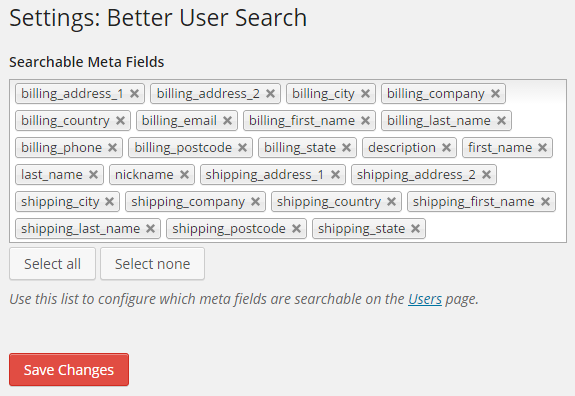 Settings page (Settings > User Search )