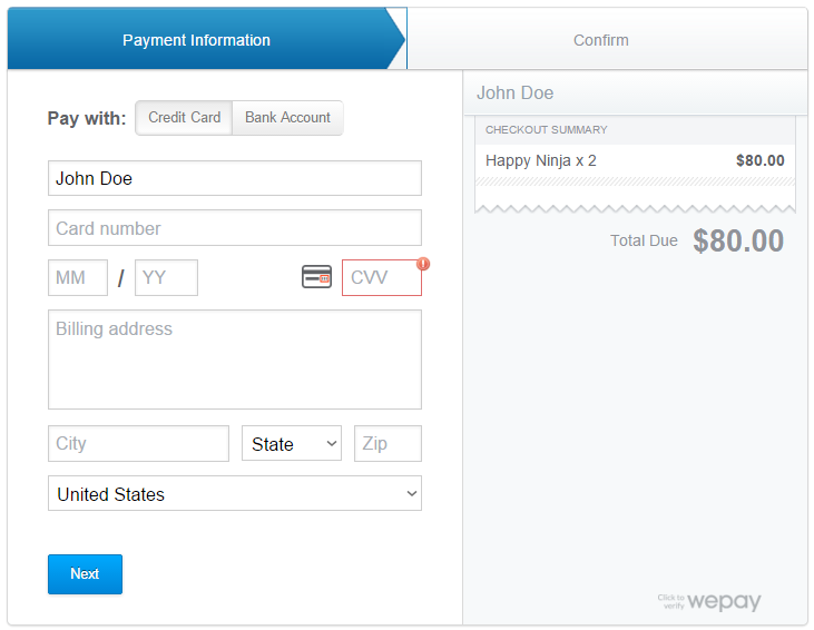 Payment form securely hosted on WePay.