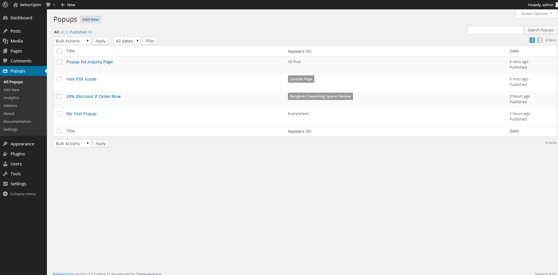 The list of opt-in popups