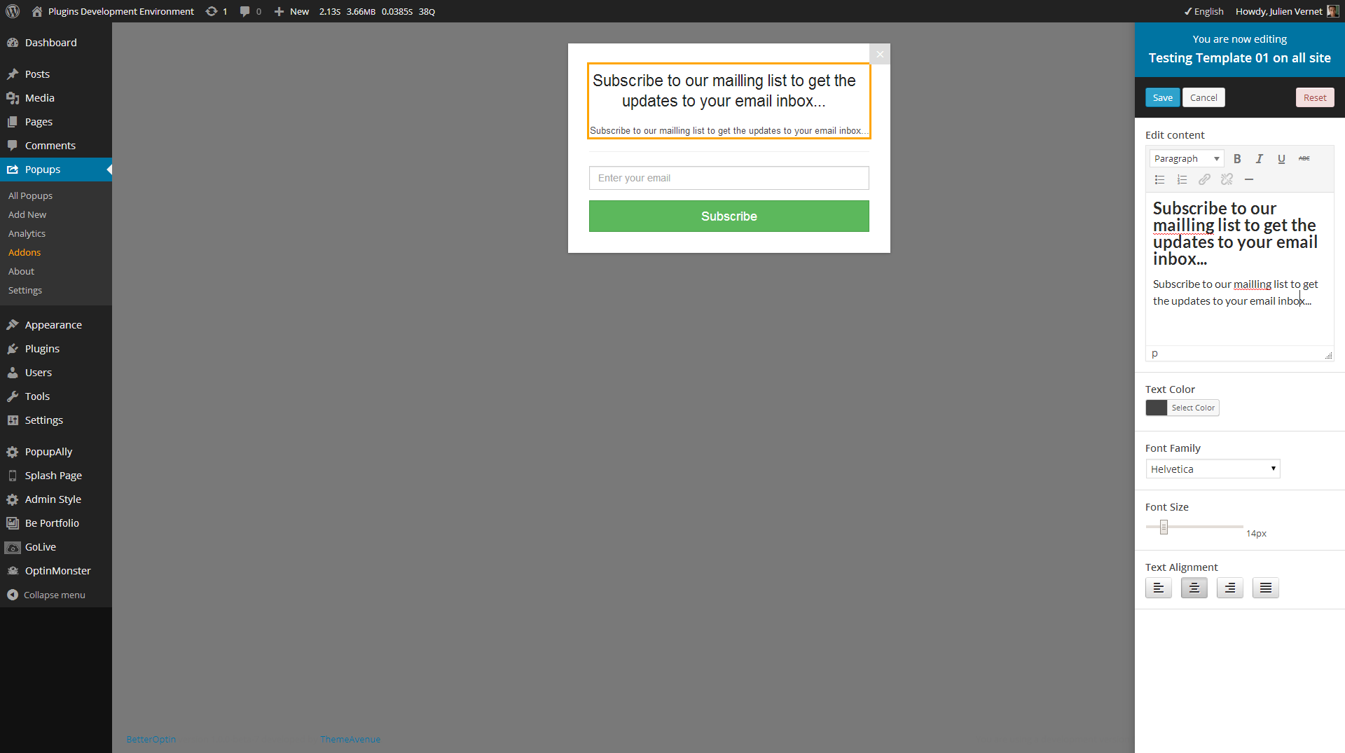 The popup visual editor
