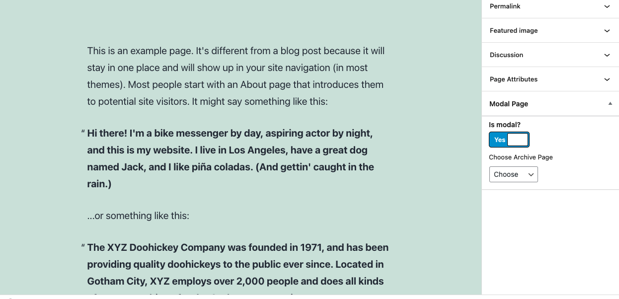 Modal Options for pages