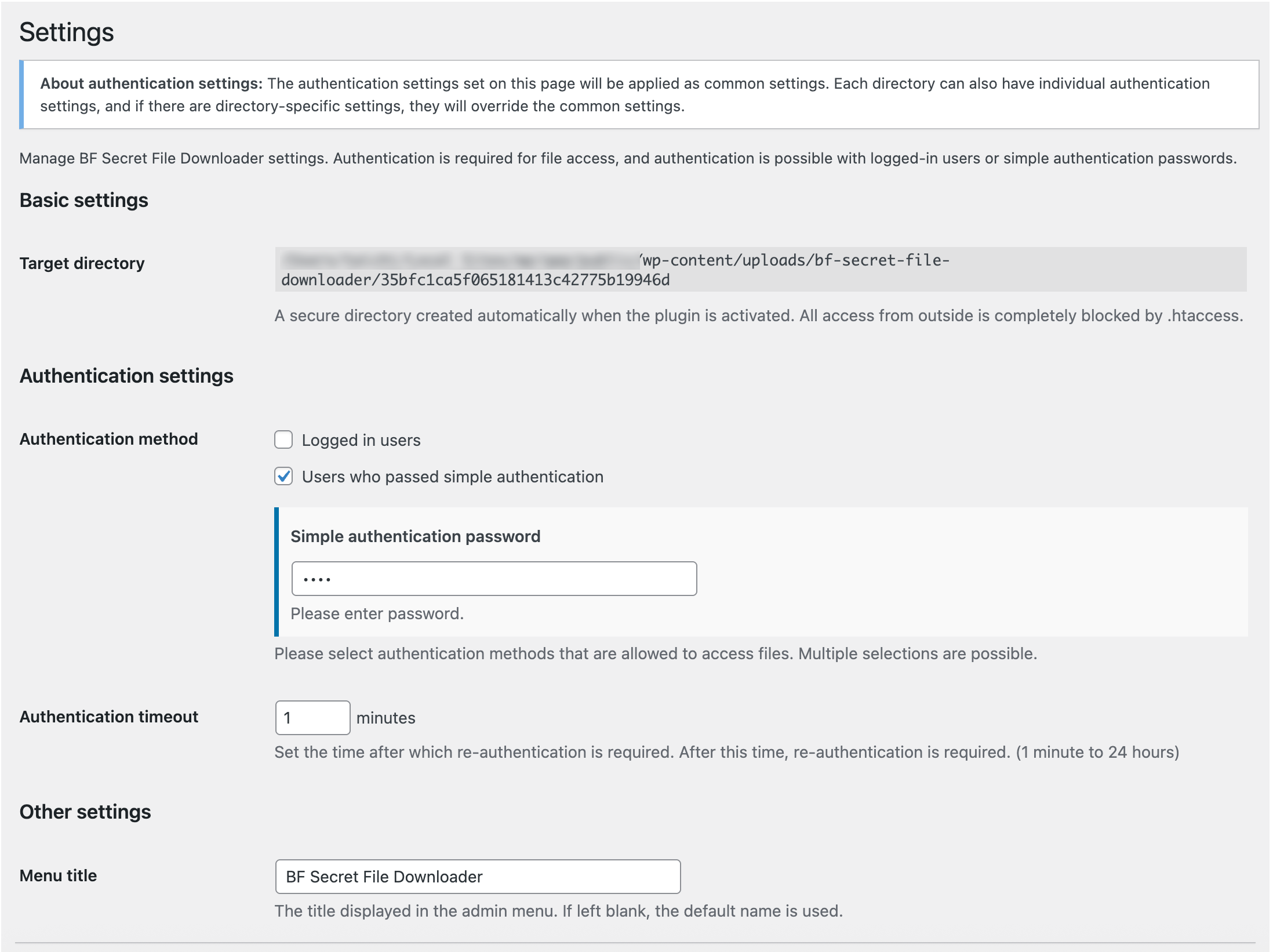 Settings page with authentication options