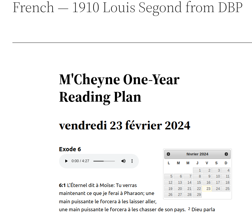 Sample result for page of a reading plan in French with audio.
