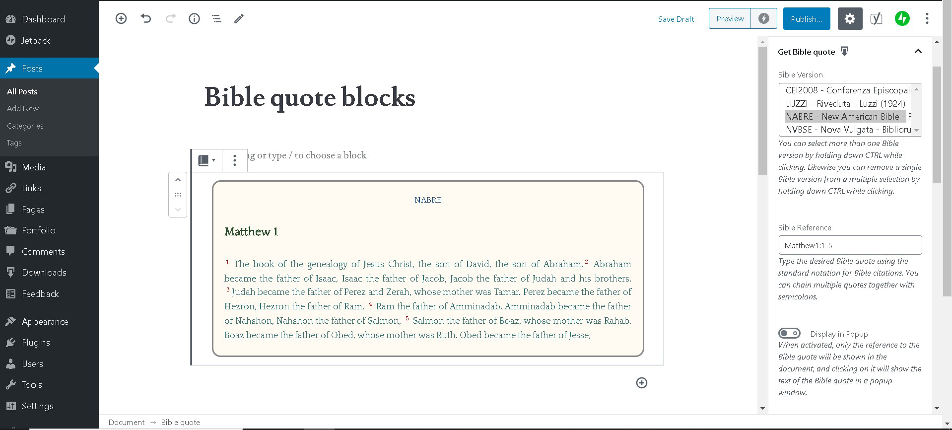 Bible quote block: choose Bible version and insert Bible reference
