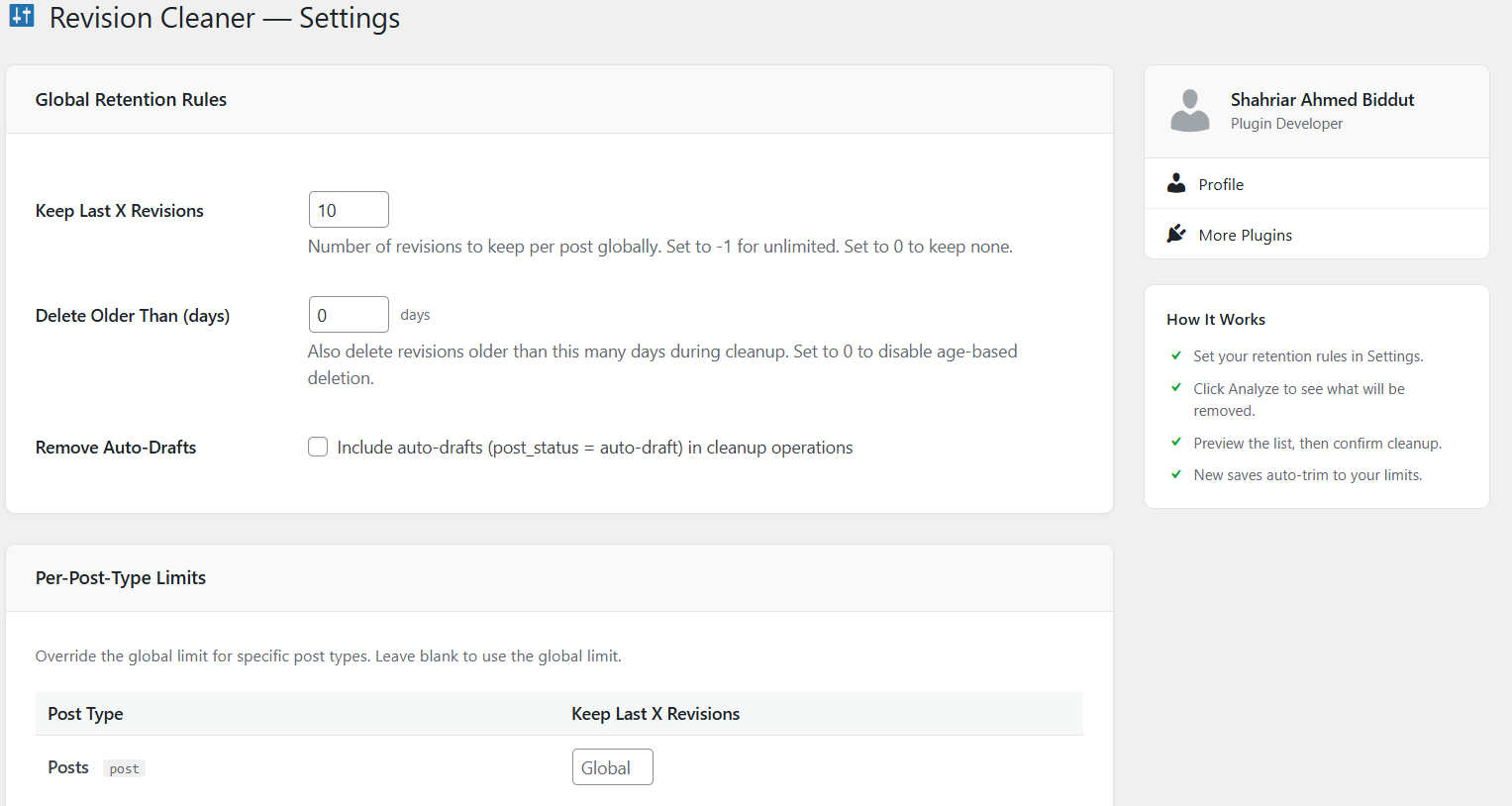Settings — Global limit, per-post-type limits, scheduled cleanup with hour picker and per-type frequencies, email notifications, and smart trigger configuration