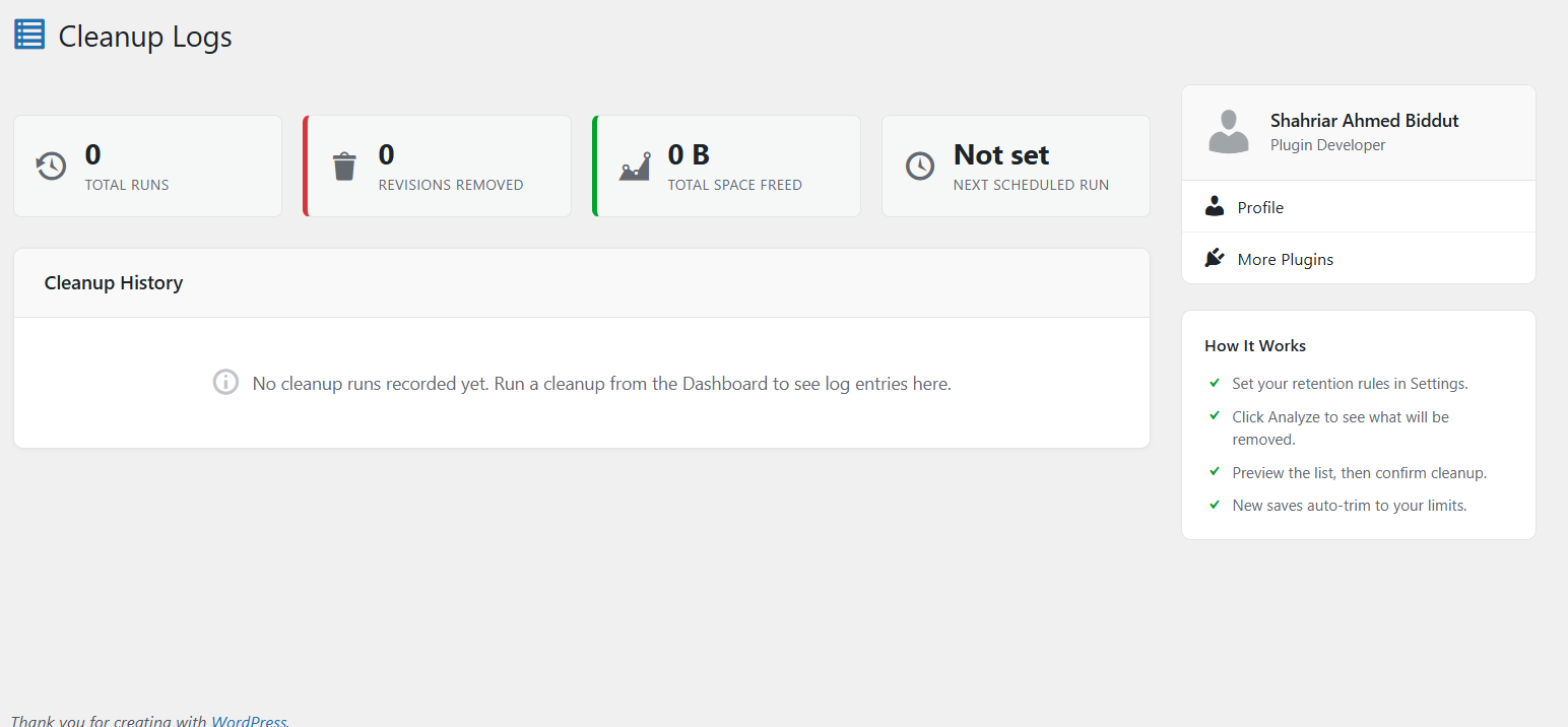 Cleanup Logs page with aggregate totals, paginated history, and trigger badges