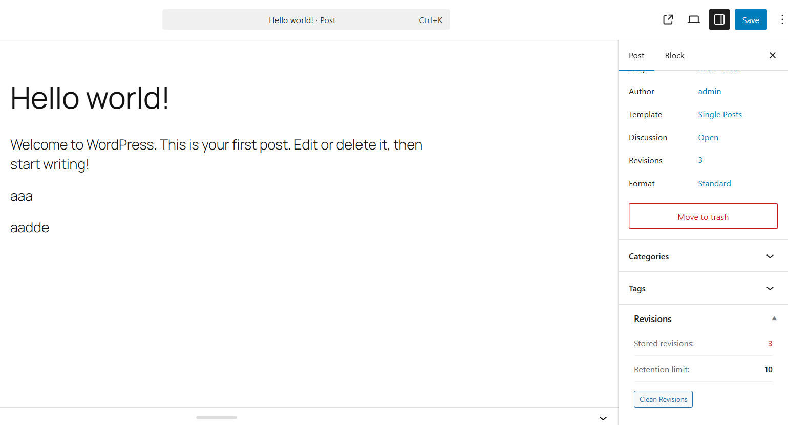 Post editor meta box showing revision count and per-post cleanup button