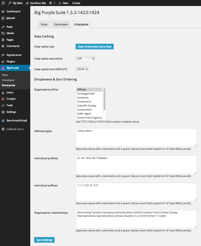 Administrative area Enterprise tab contains global data caching and priority settings.