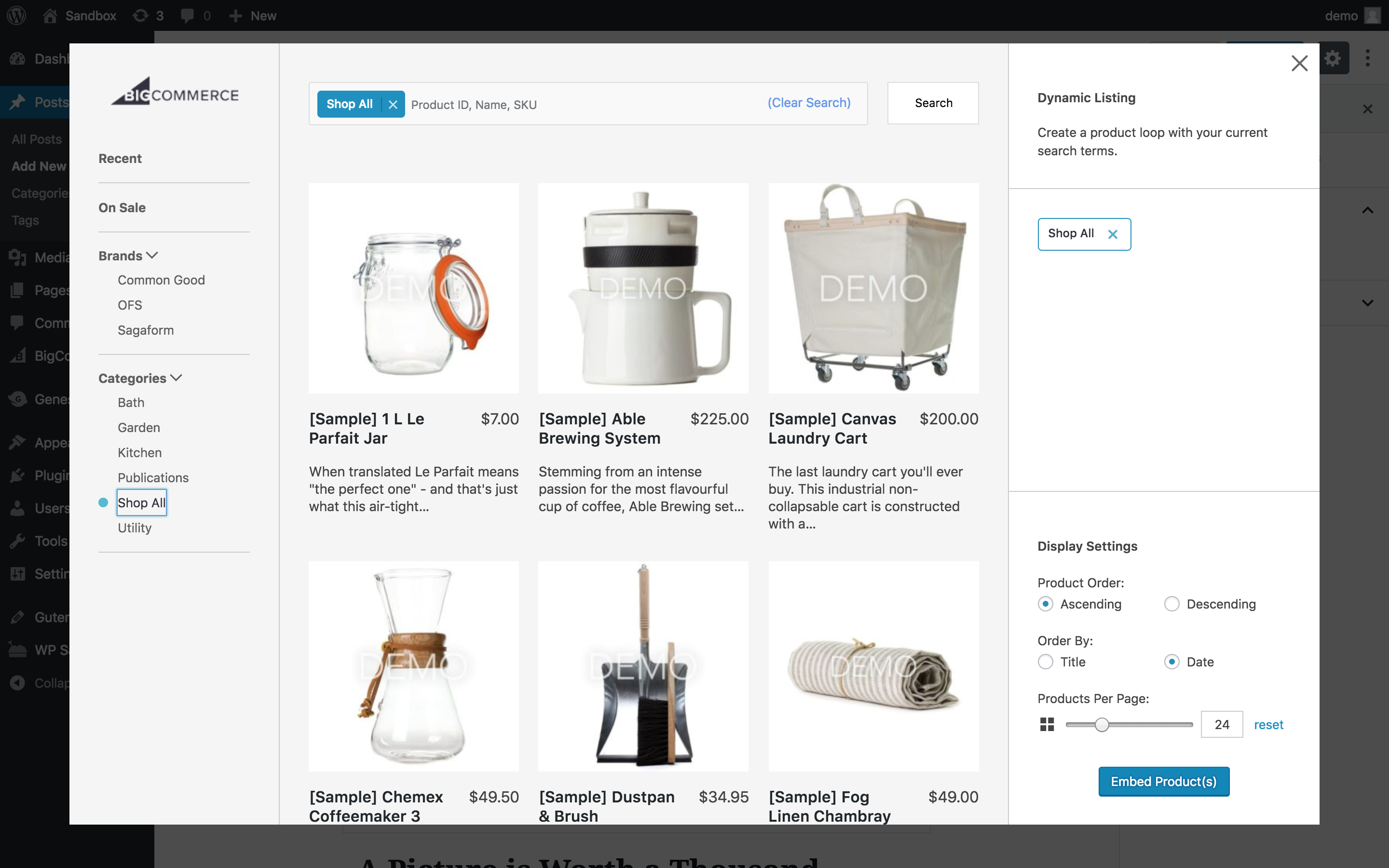 Products availability on the WordPress site can be changed from within the BigCommerce Control Panel
