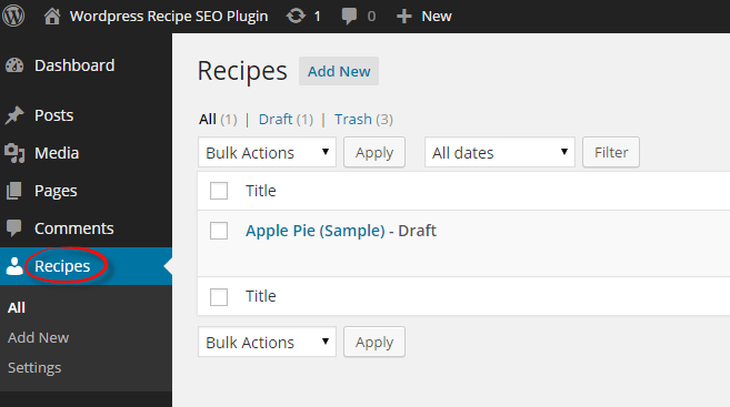 The Recipes option on the left hand bar lets you see all your recipes added, including search for them in an easy interface.