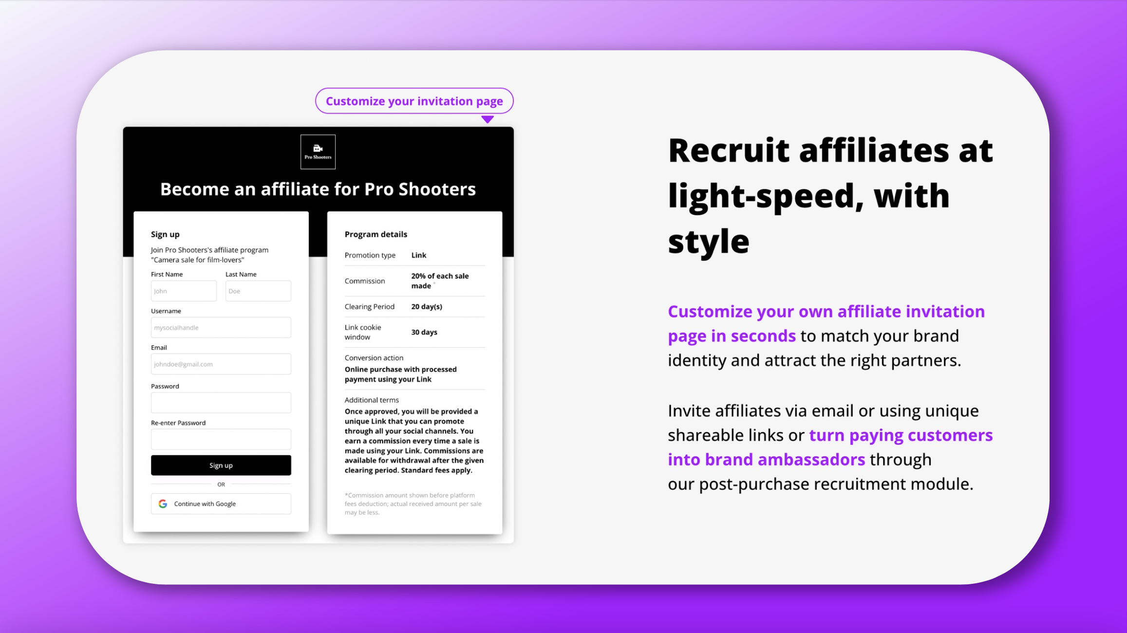 Personalize your own invite page and recruit affiliates right from your site