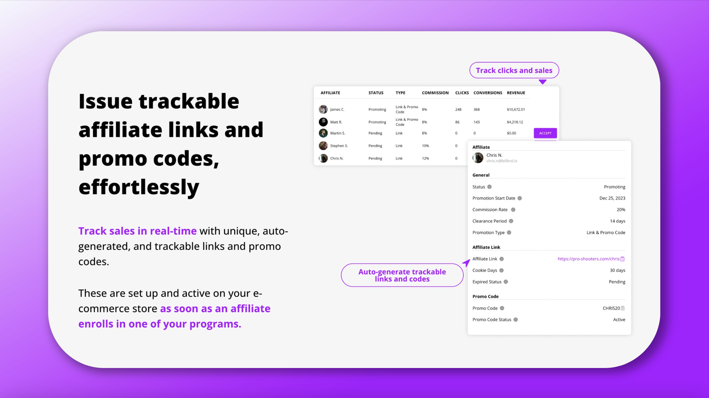 Automatically generate unique affiliate links and codes for each new affiliate and effortlessly track sales