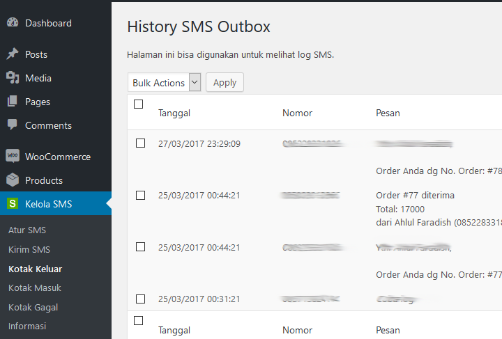 Tampilan history SMS
