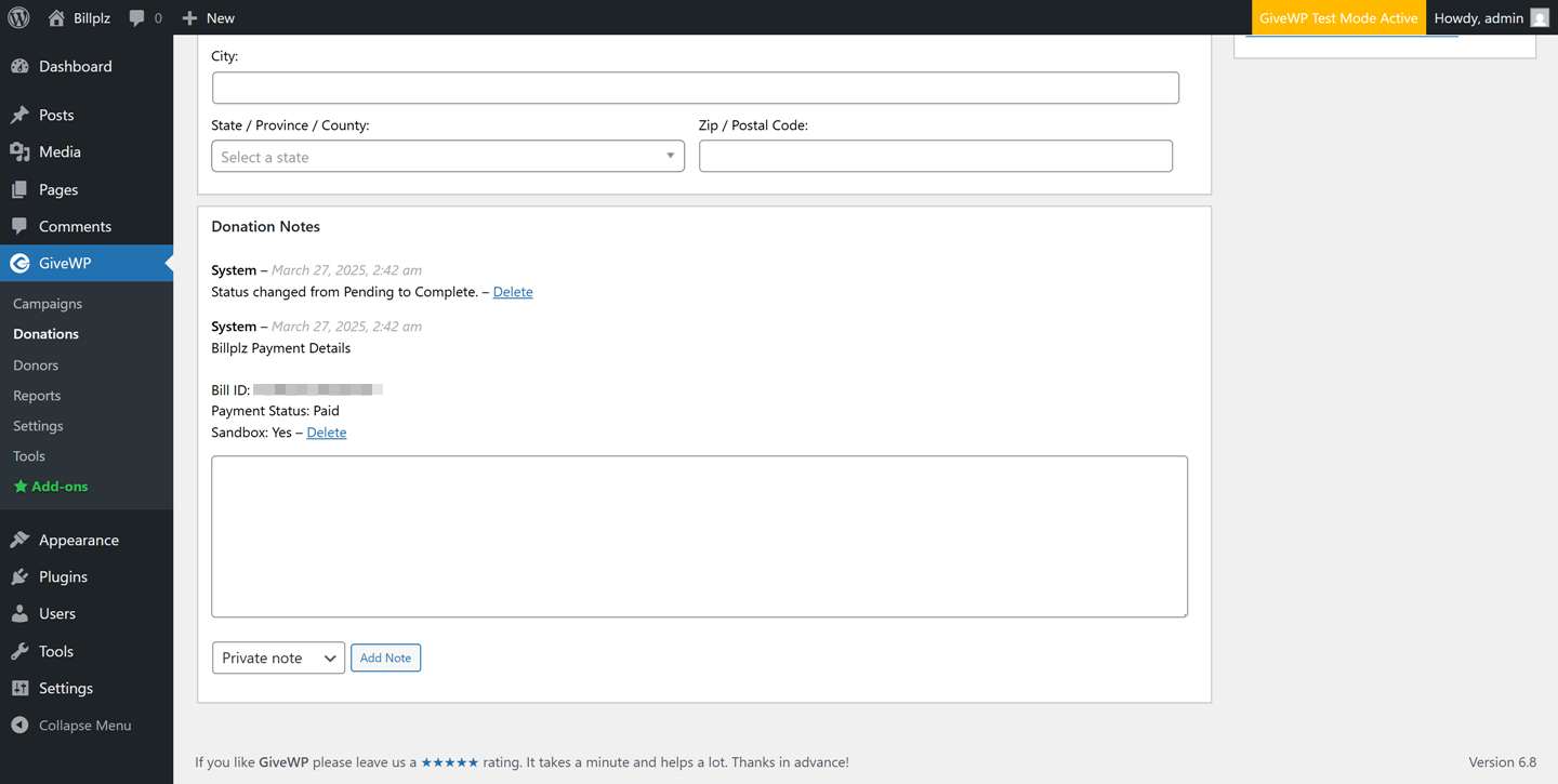 Payment details can be viewed on donation details page on your WordPress admin under "Donation Notes" metabox.