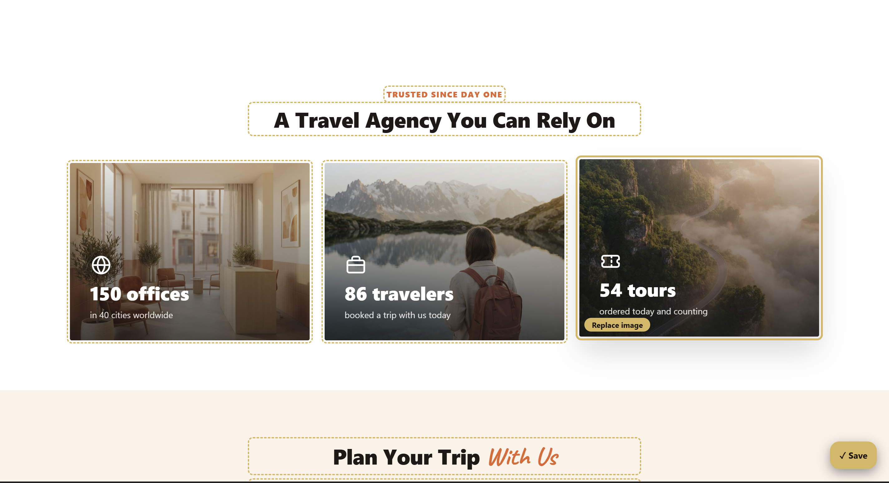 Editing on the live page — the "Edit page" overlay outlines every editable region; click and type to change text in place.