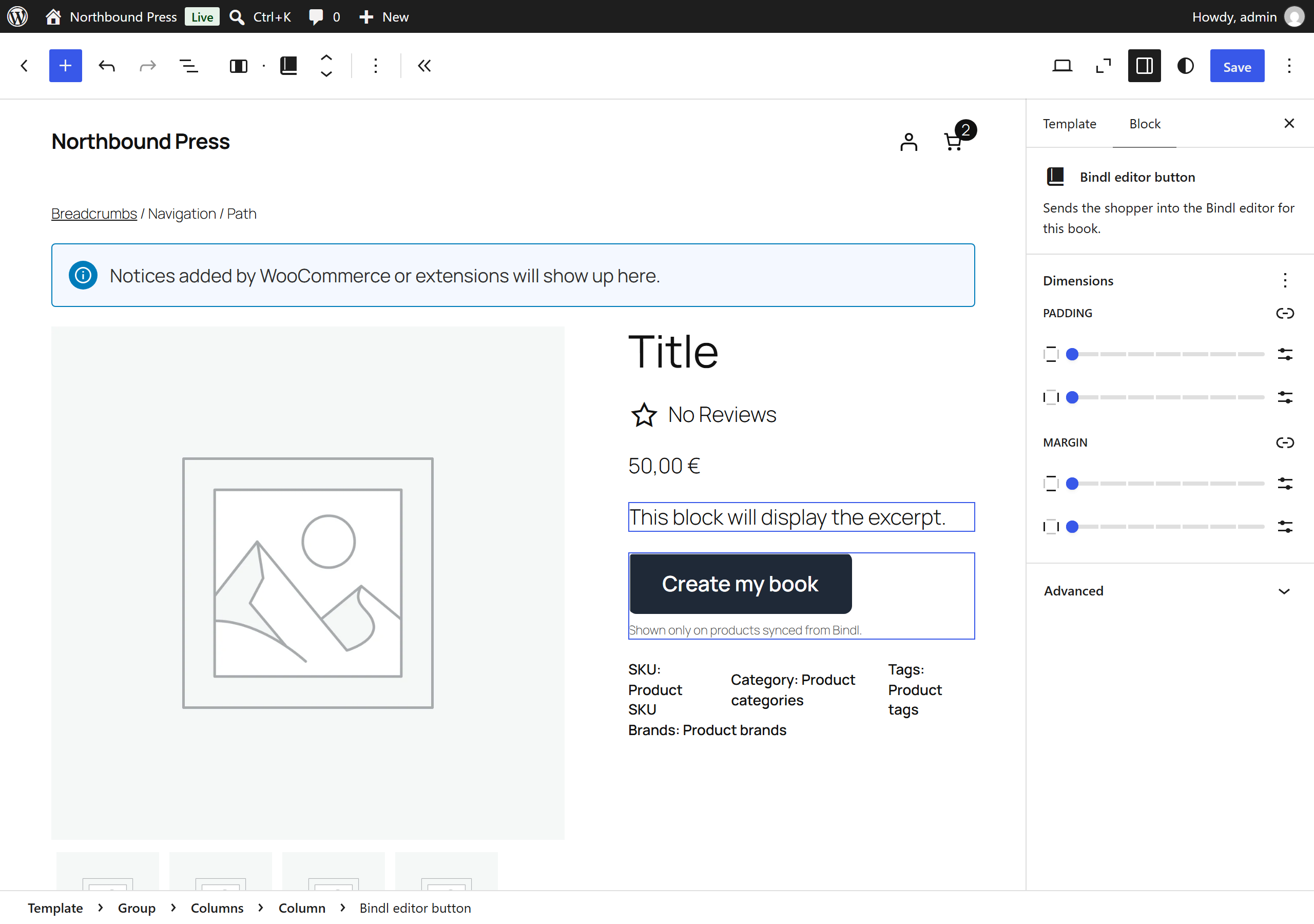 The Bindl editor button block in a block theme's product template.