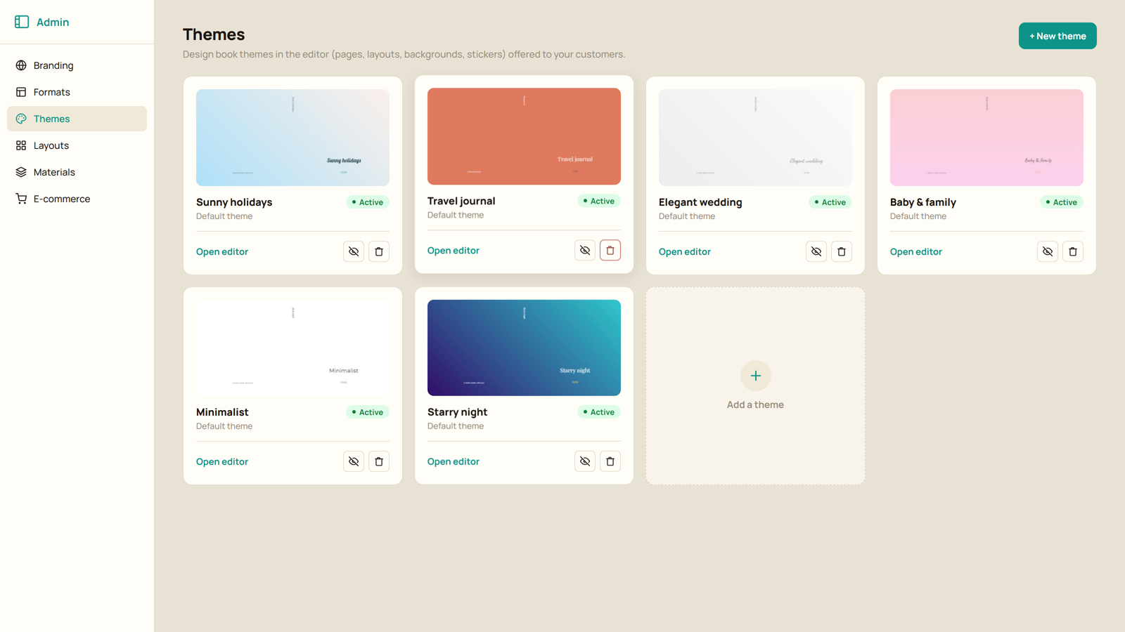 The Bindl admin, where the book themes your store offers are designed.