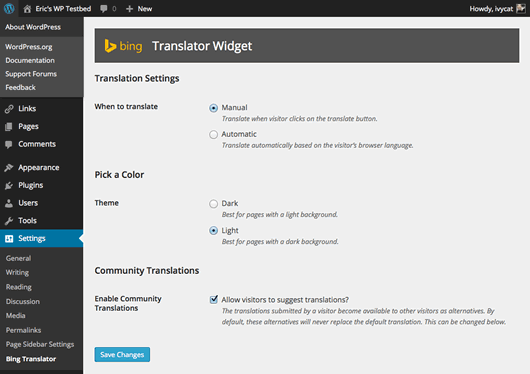Bing Translator main settings page