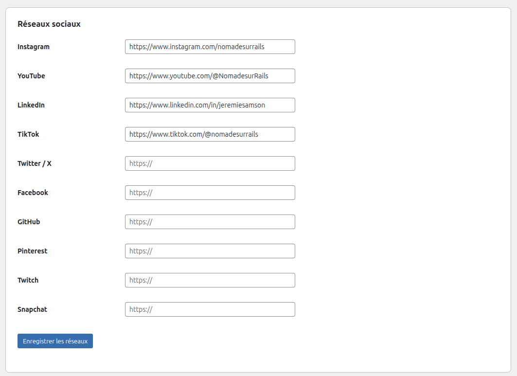 Social networks: Enter URLs for your social accounts. Only filled networks are displayed.