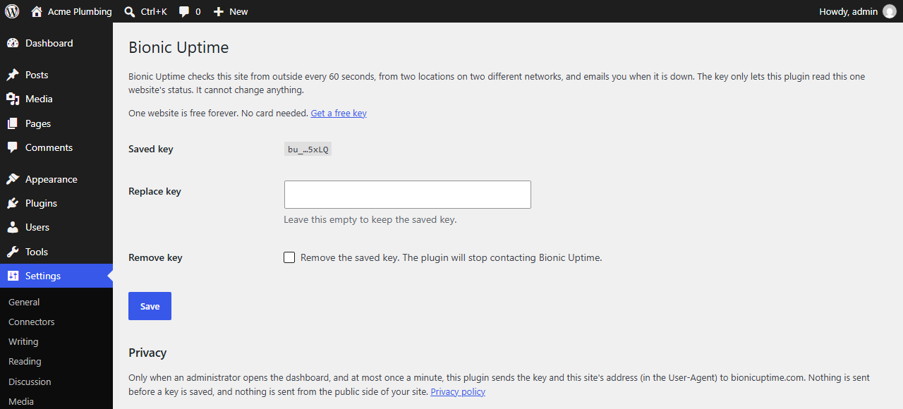 The settings page. The saved key is never shown in full.