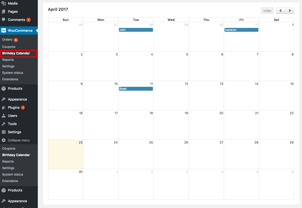 User Birthday Calendar