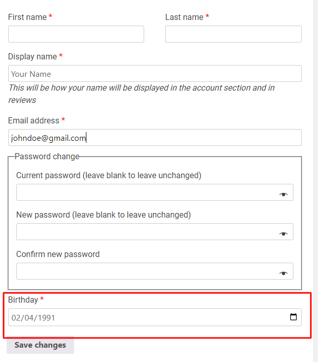 Birthday Field in My Account Page