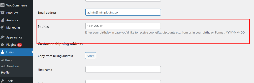 Birthday Field in User Profile Page