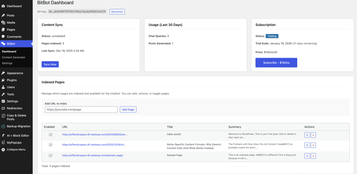 Content sync - Click "Sync Now" to index your pages and make them searchable by the chatbot