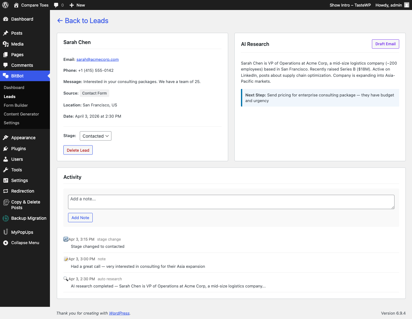 Lead Detail with AI Research summary, Draft Email button, activity timeline with notes and stage changes