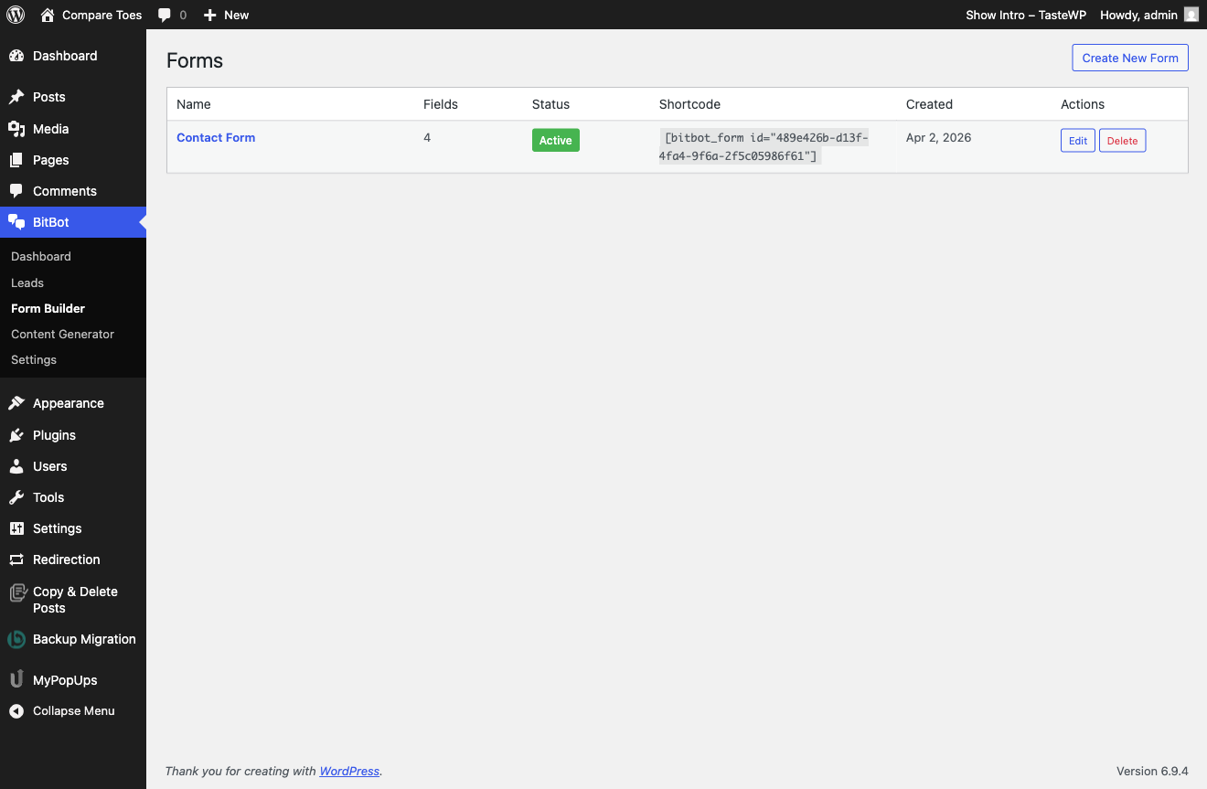 Form Builder showing all created forms with shortcodes, field counts, and status