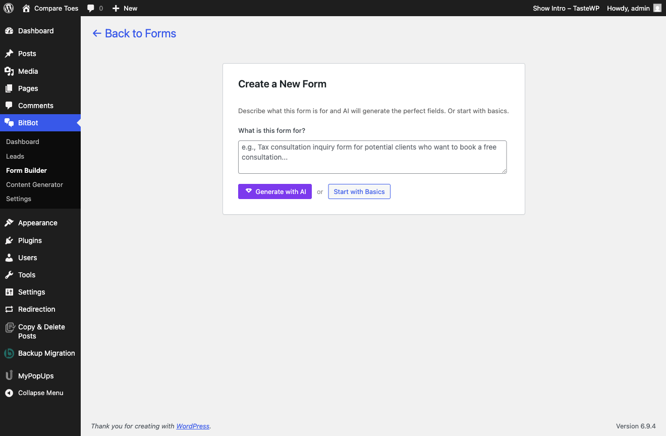 Create New Form with AI-powered field generation or start with basic fields