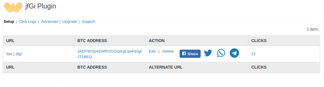 The setup screen where you can edit, share or view how many times your jfGi enabled Bitcoin short URL has been clicked.