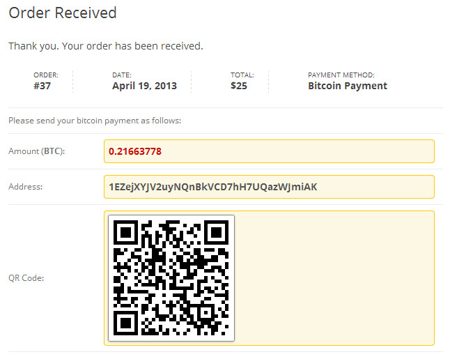Order received screen, including QR code of bitcoin address and payment amount.