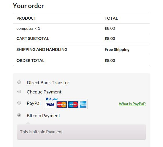 Checkout with option for bitcoin payment.