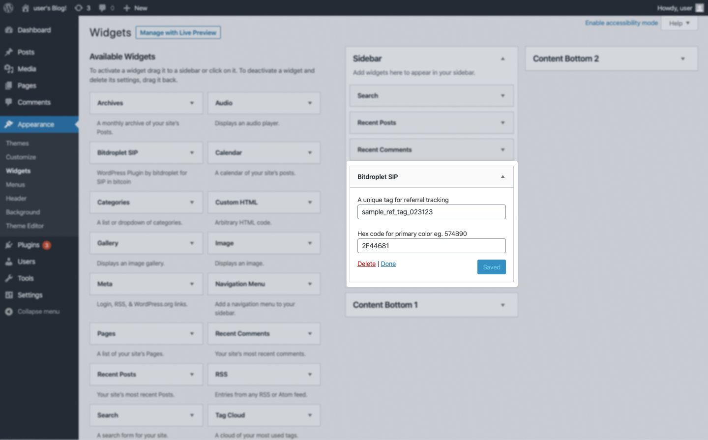 This is the admin page to configure the widget - Admin configuration page