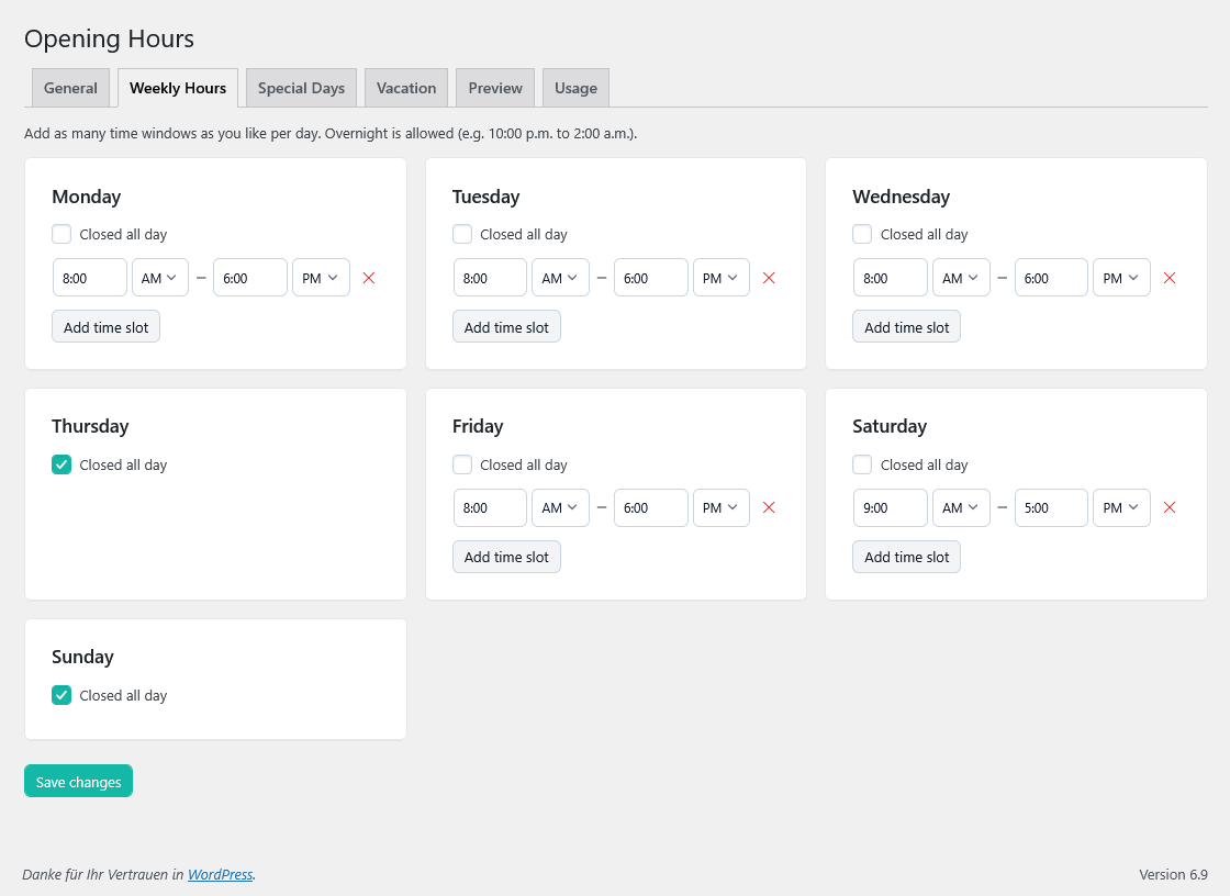 **Gutenberg block** – “Opening Hours” block with inspector controls for view, badge, “next change”, JSON-LD and CTA link.
