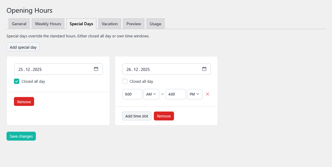 **Frontend grid view** – Weekly table with “Now open” badge and “next change” text.