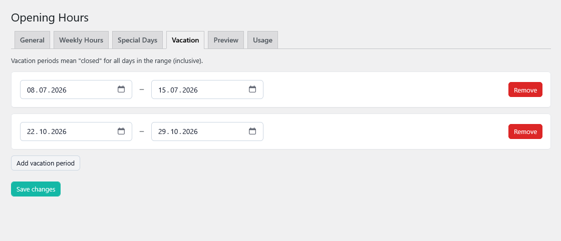 **Grouped view** – Days automatically grouped by identical opening hours.