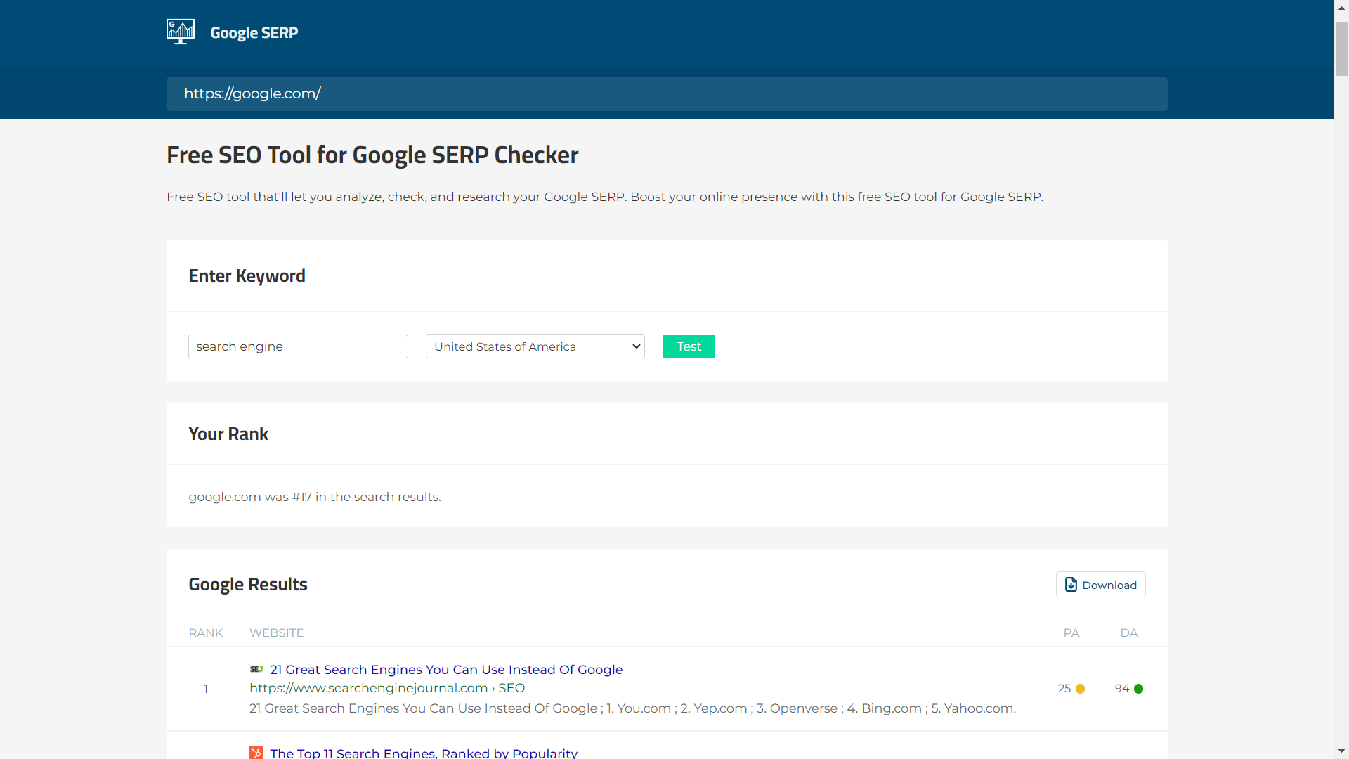 Screenshot of the Google SERP Rank Checker Tool.