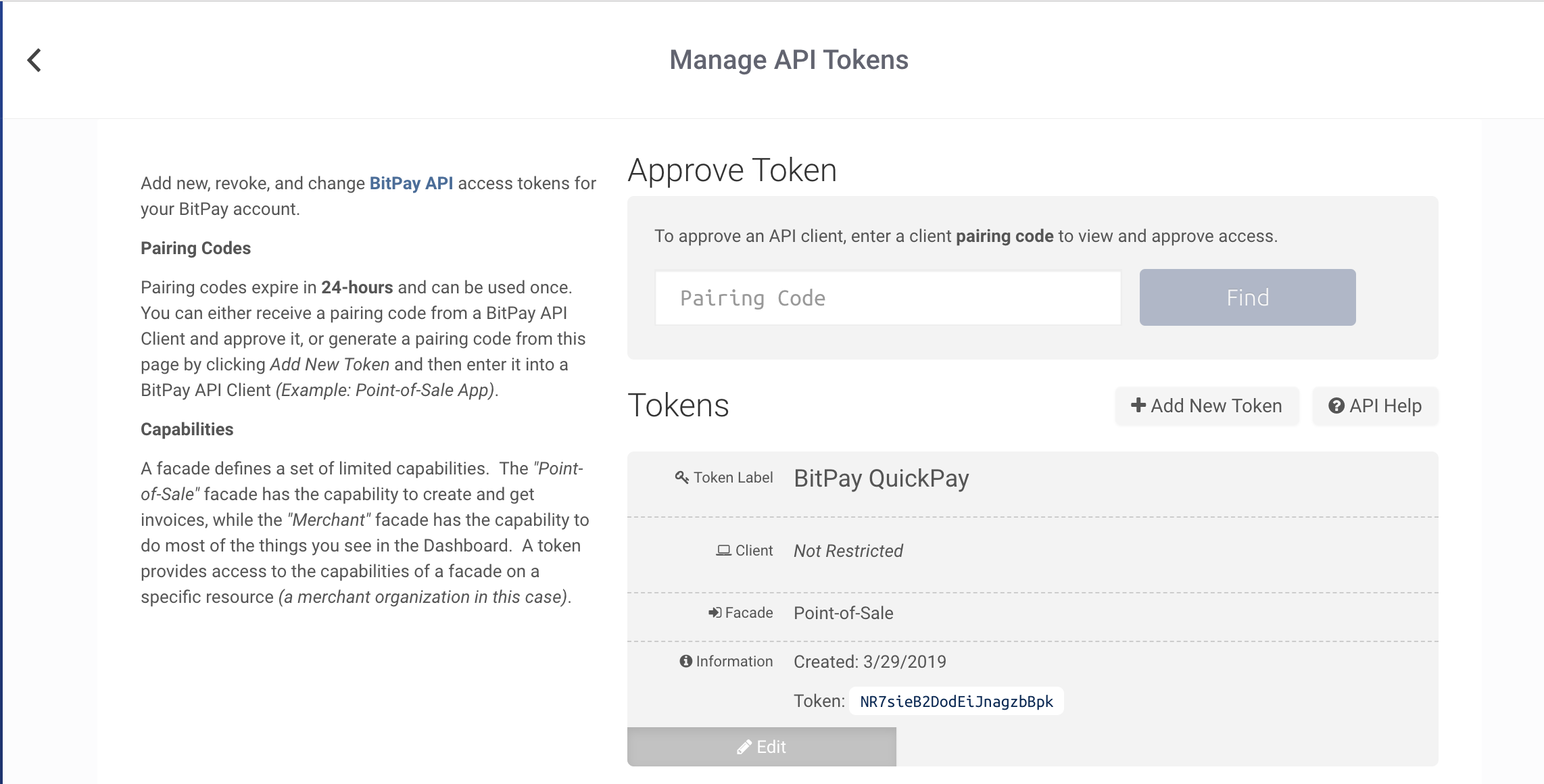 BitPay merchant dashboard - create a new POS token