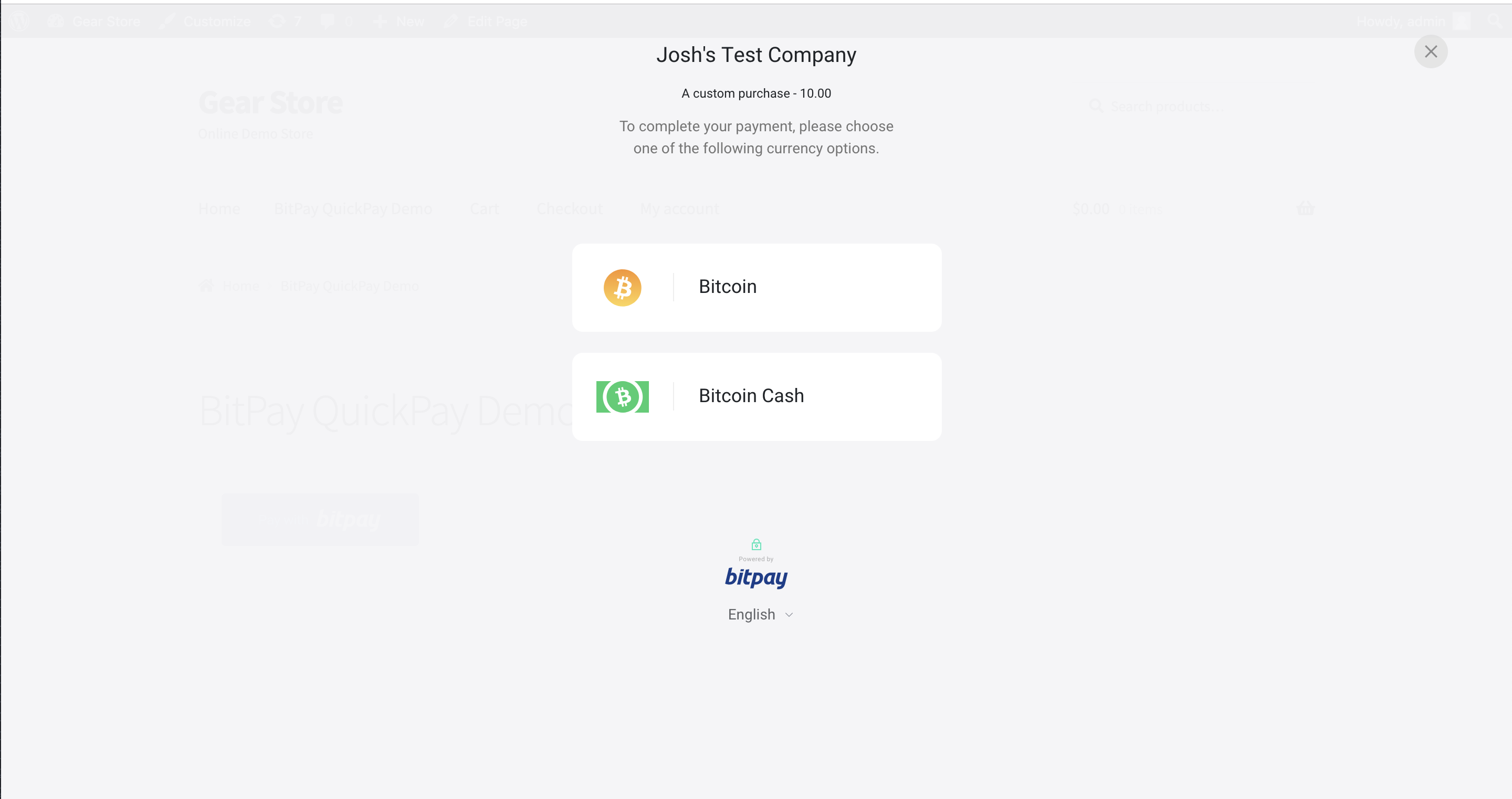 BitPay hosted invoice - cryptocurrency selected