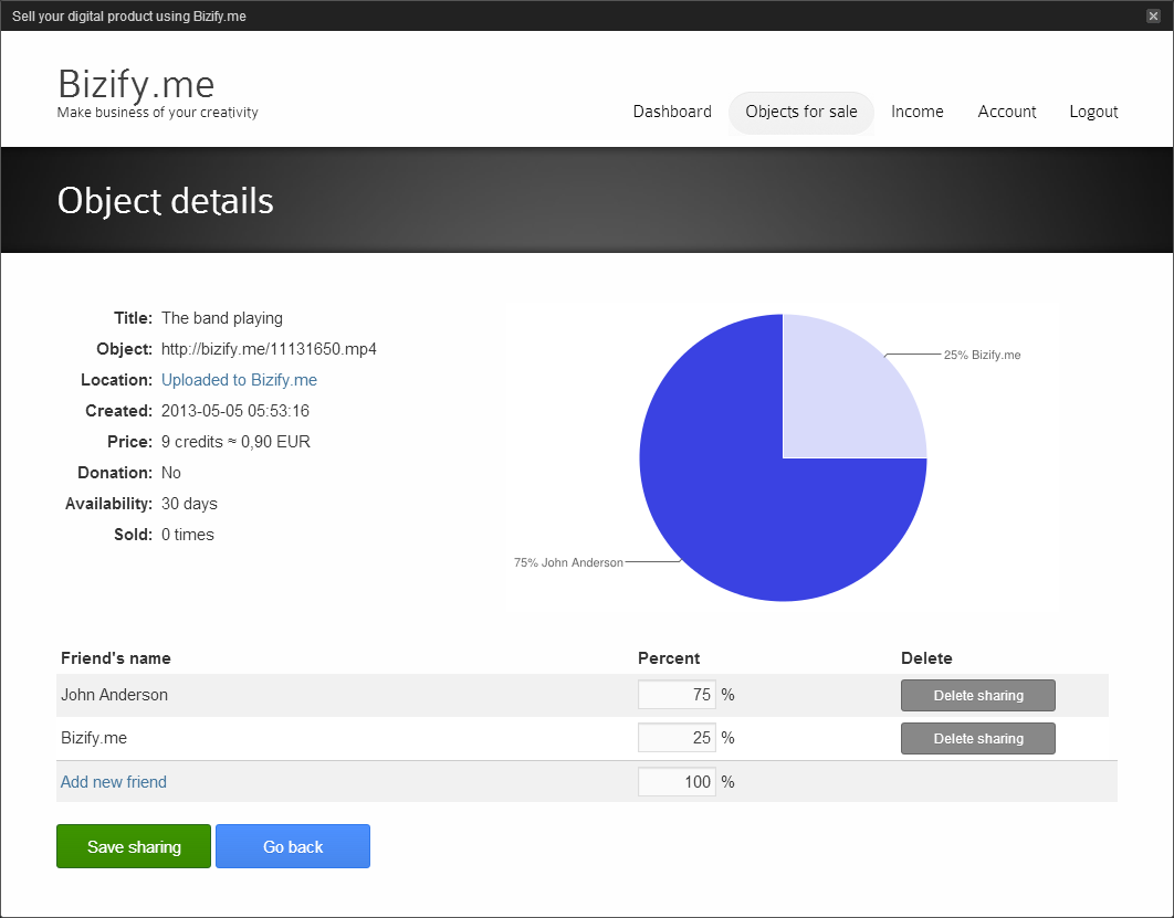 Share revenue with your friends by percentages!