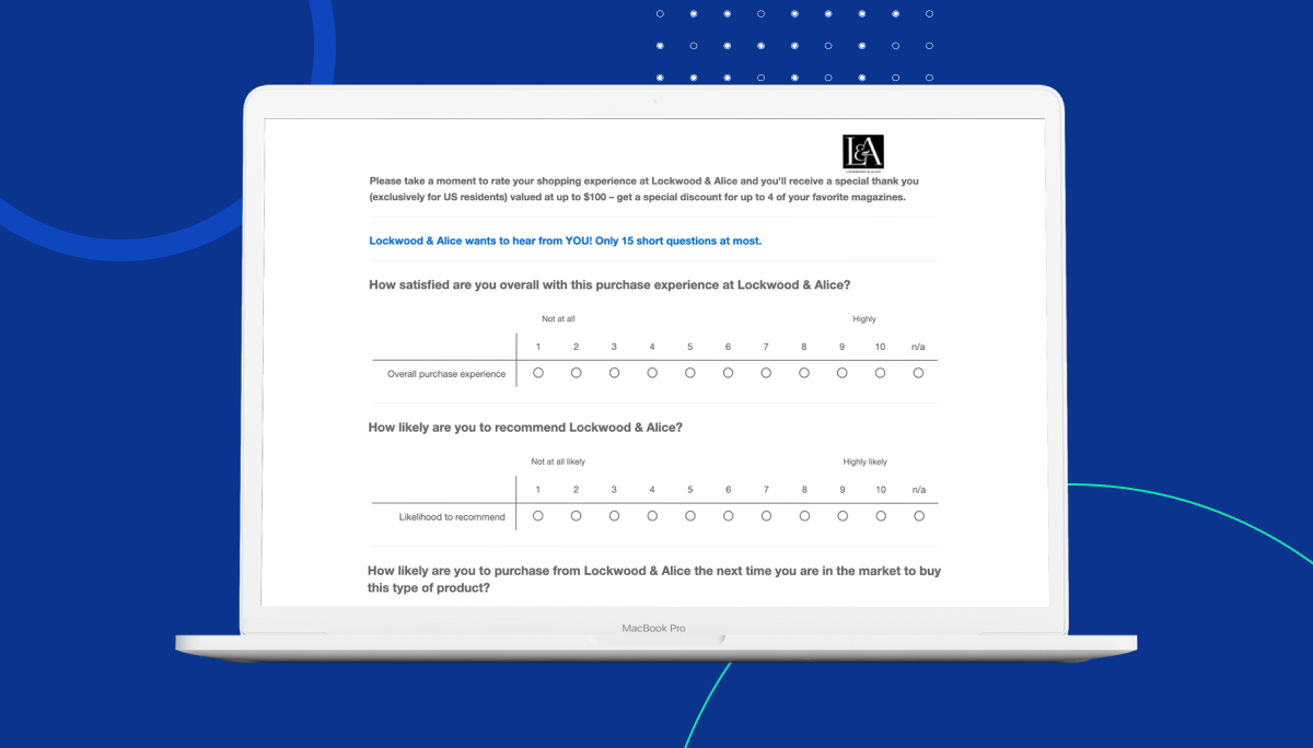 Survey questions collect customer experience metrics and verbatim comments